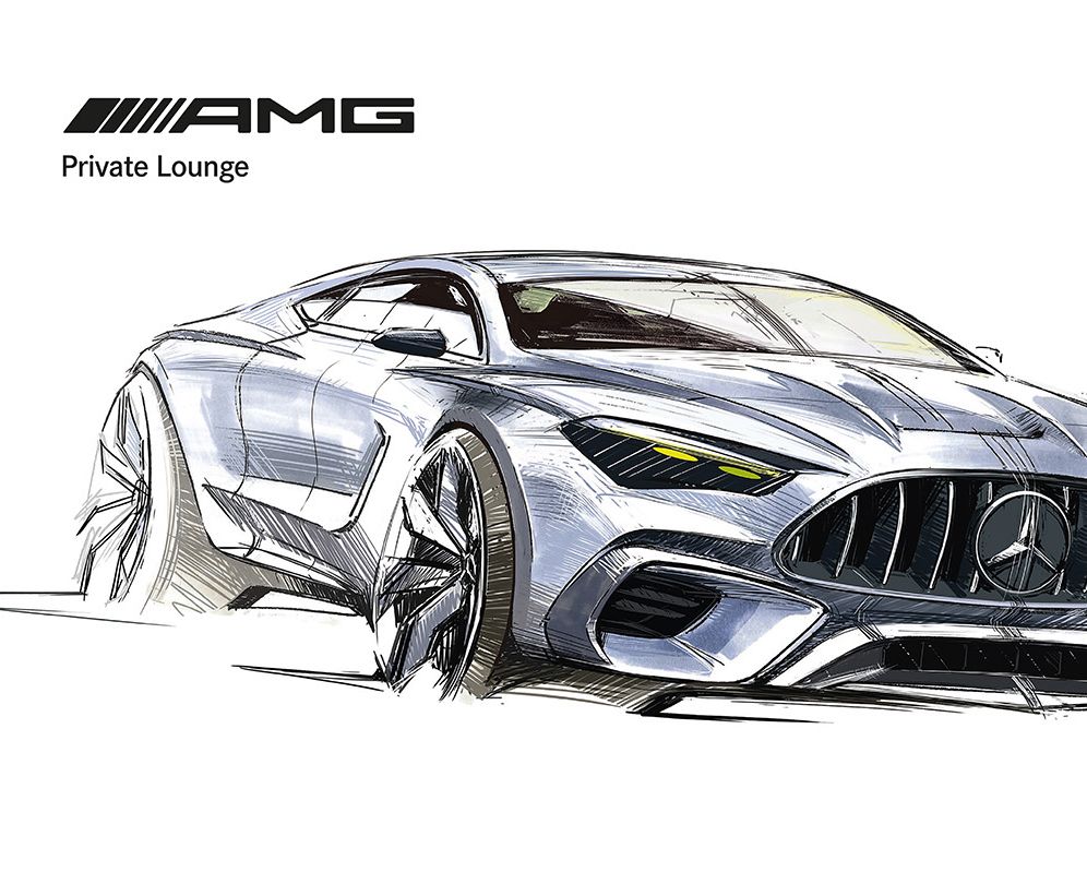 Designskizze eines Mercedes-AMG GT.